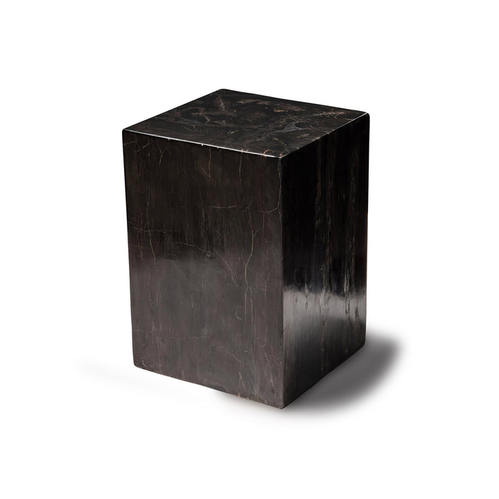 Bout de canape en forme de cube en bois fossilise noir brillant
