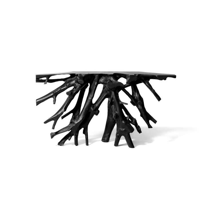 Meuble console en racine de bois de teck finition noir brûlée