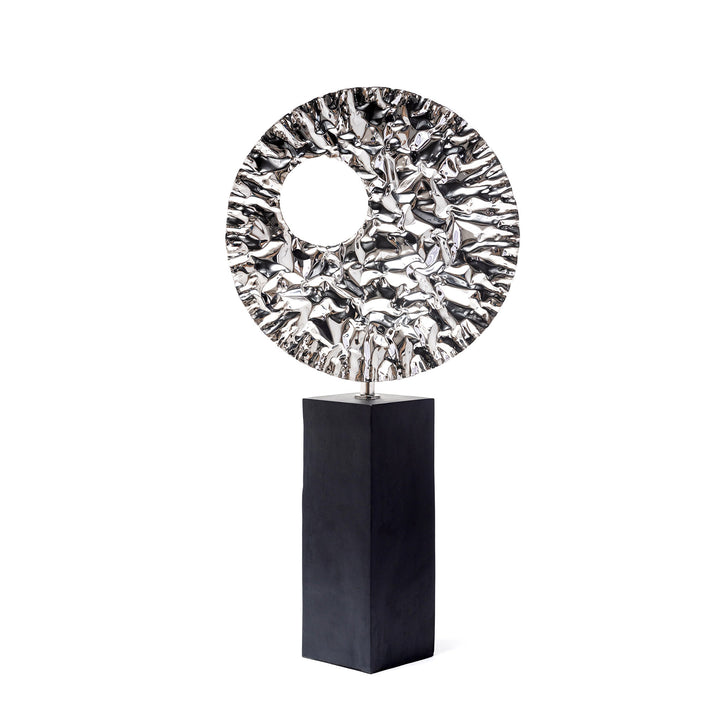 Grande sculpture en metal ronde sur socle noire Celeste