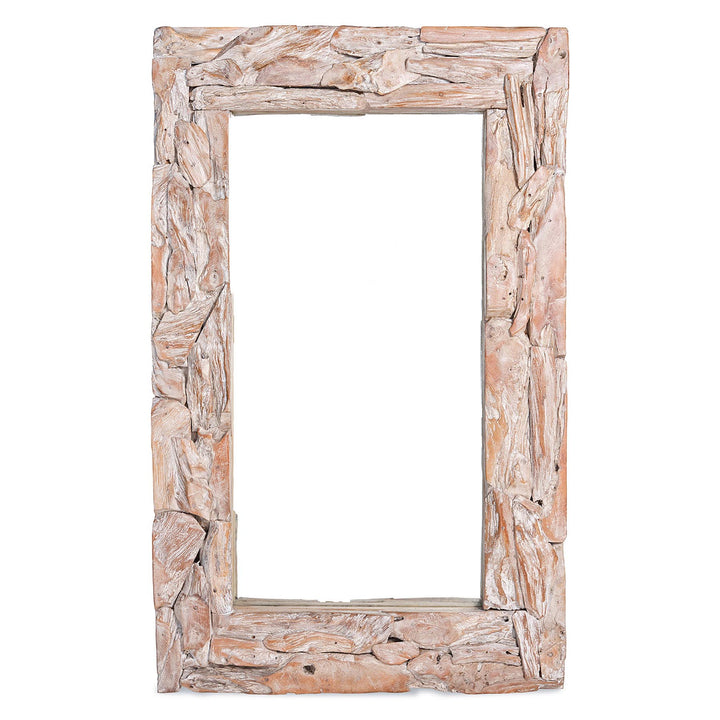 Grand miroir rectangulaire en bois de teck assemblé blanchie