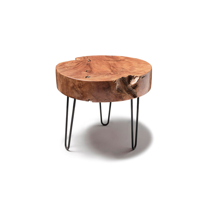 Meuble type petite table basse ronde en teck massif plateau très épais et pied metal noir