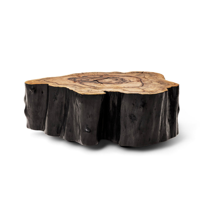 Table basse en tronc de tamarin massif et finition bord noir brulee Tisma