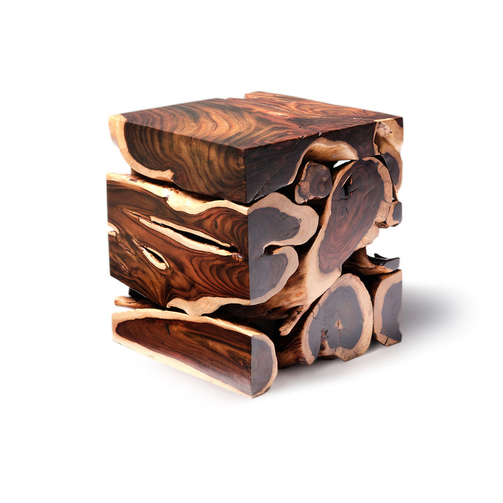 Bout de canapé en forme de cube en racine de bois de sonokeling naturel