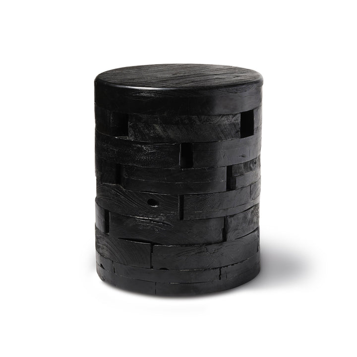 Tabouret en bois de teck arrondi sculpté noir